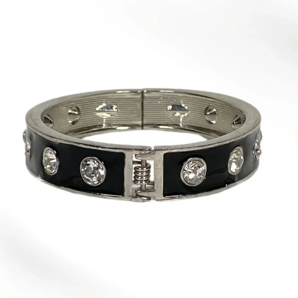 VTG Enamel Rhinestone Studded Bracelet Black Silver Tone Hinged Bangle Clamper